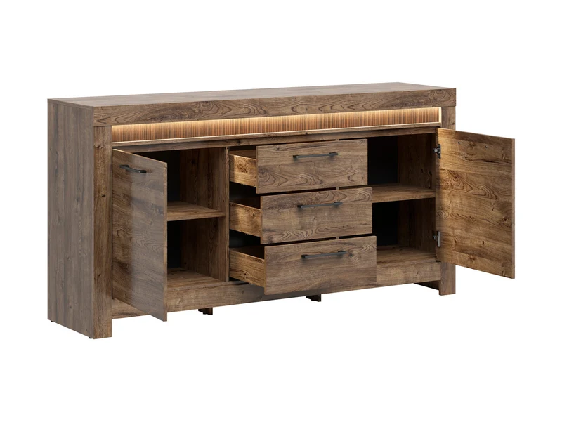 Torin Chest of Drawers 180cm — 2 Cabinets, 3 Drawers, LED Lighting & Ribbed Rail, Brown Ribbeck Oak