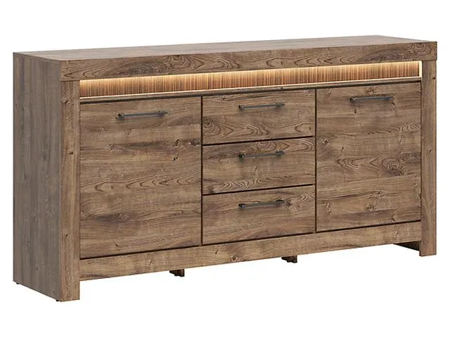 Torin Chest of Drawers 180cm — 2 Cabinets, 3 Drawers, LED Lighting & Ribbed Rail, Brown Ribbeck Oak