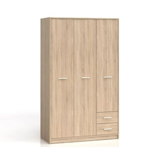 Nepo Plus 3-Door Wardrobe 118.5cm — 2 Hanging Rails, 2 Shelves, 2 Drawers & Optional Shelf Sets, Sonoma Oak