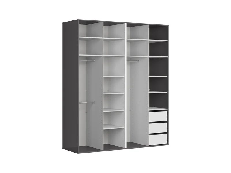 Flex Modular Wardrobe 200 cm – Graphite | 4 Doors | 3 Hanging Rails | 14 Shelves | 3 Soft-Close Drawers | Grey Canvas Interior | 200×240×66 cm