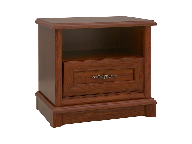 Kent Bedside Cabinet – Chestnut | 1 Drawer & Open Shelf | Jewellery-Style Handles | Carved Crown Moulding | 56.5×52.5×38.5 cm