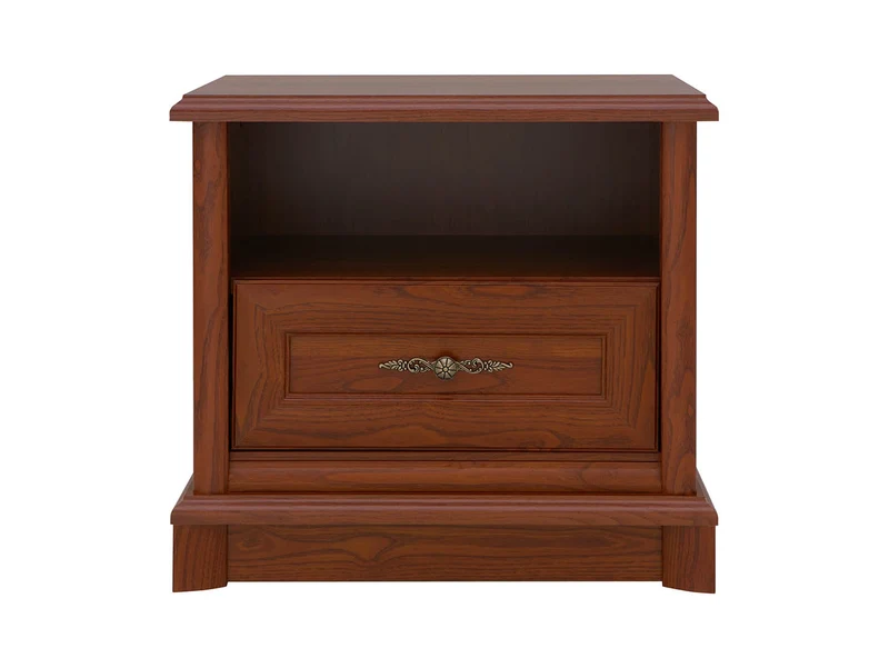 Kent Bedside Cabinet – Chestnut | 1 Drawer & Open Shelf | Jewellery-Style Handles | Carved Crown Moulding | 56.5×52.5×38.5 cm