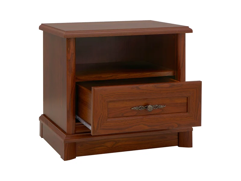 Kent Bedside Cabinet – Chestnut | 1 Drawer & Open Shelf | Jewellery-Style Handles | Carved Crown Moulding | 56.5×52.5×38.5 cm