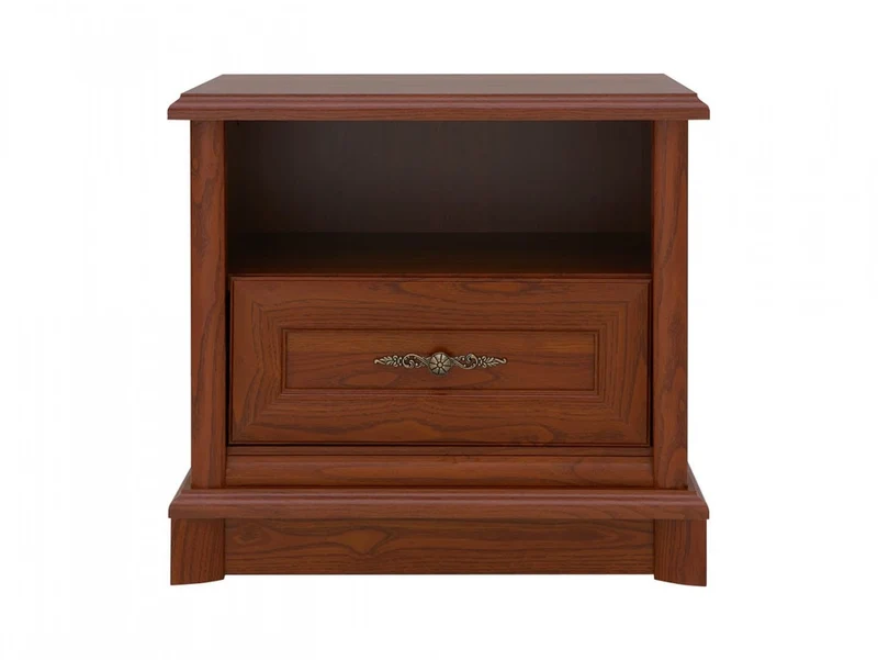 Kent Bedside Cabinet – Chestnut | 1 Drawer & Open Shelf | Jewellery-Style Handles | Carved Crown Moulding | 56.5×52.5×38.5 cm