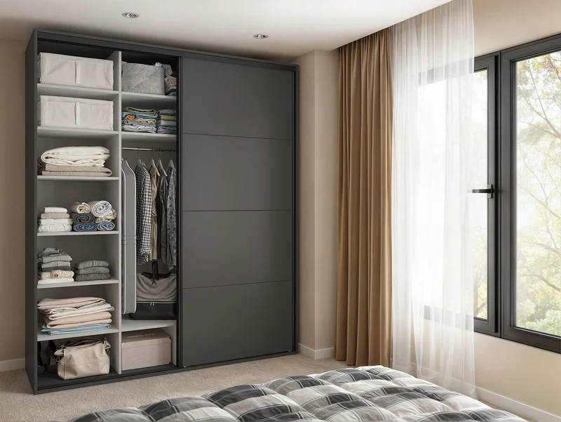 Flex Sliding Wardrobe 200x240 cm – Graphite, Mirror Door, 10 Shelves, 2 Rails, 3 Drawers