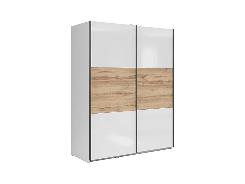 Tetrix Sliding Wardrobe 153x195 cm – White Gloss & Wotan Oak, 2 Rails, 5 Shelves