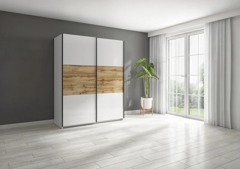 Tetrix Sliding Wardrobe 153x195 cm – White Gloss & Wotan Oak, 2 Rails, 5 Shelves