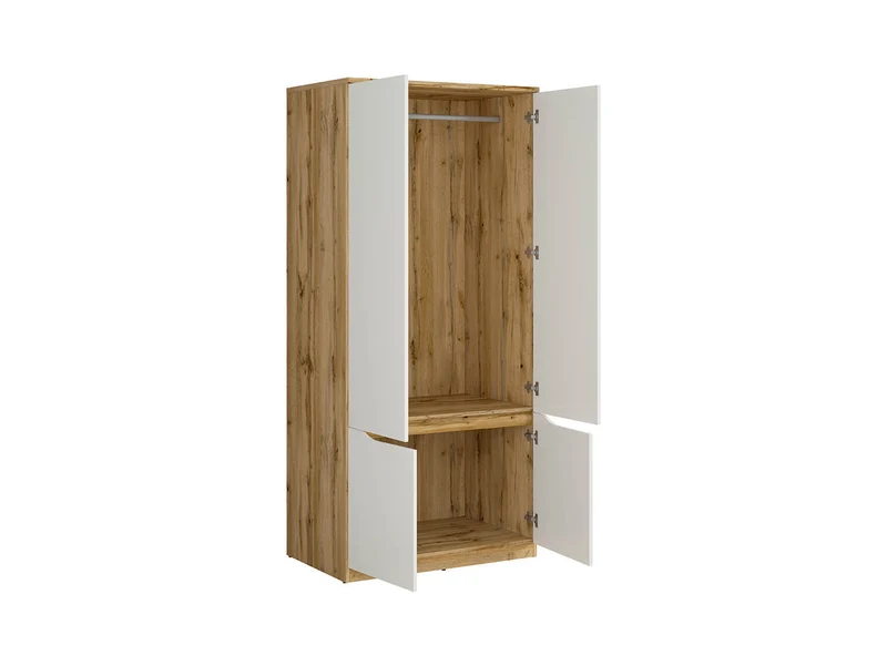 Nuis Wardrobe 90x197 cm – Wotan Oak & White Gloss, 4 Doors, Scandinavian Style