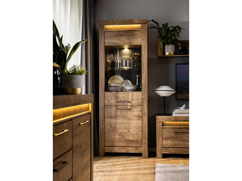 Torin Display Cabinet 70x200 cm – Ribbeck Brown Oak, Glass Doors, LED Lighting, Soft-Close
