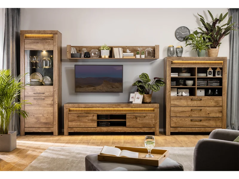 Torin Display Cabinet 70x200 cm – Ribbeck Brown Oak, Glass Doors, LED Lighting, Soft-Close