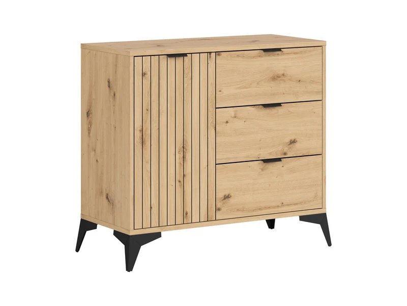 Lamea Chest of Drawers 90x83 cm – Artisan Oak & Black, Lamellar Fronts, 3 Drawers, 2 Shelves