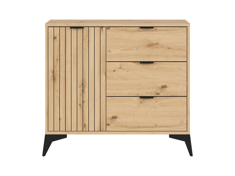 Lamea Chest of Drawers 90x83 cm – Artisan Oak & Black, Lamellar Fronts, 3 Drawers, 2 Shelves