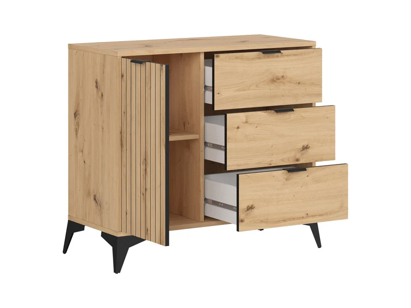 Lamea Chest of Drawers 90x83 cm – Artisan Oak & Black, Lamellar Fronts, 3 Drawers, 2 Shelves