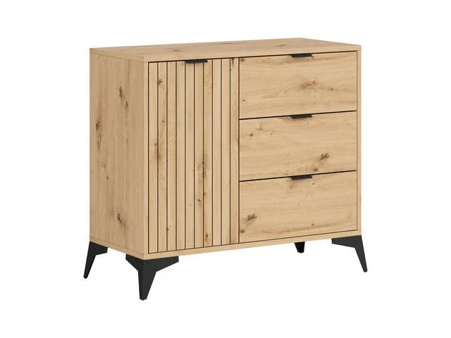 Lamea Chest of Drawers 90x83 cm – Artisan Oak & Black, Lamellar Fronts, 3 Drawers, 2 Shelves