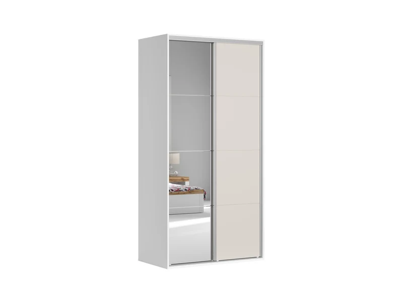 Flex Sliding Door Wardrobe 120 cm – White / Uni Kashmir | Mirror Panel, 3 Drawers, 6 Shelves & 2 Rails