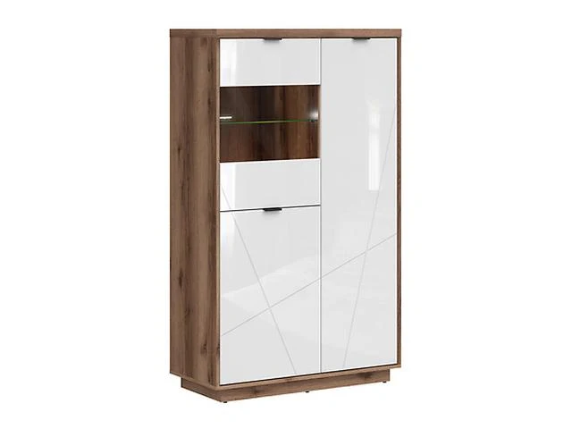 Forn Display Cabinet 94 cm – Dark Delano Oak / White Gloss | 2 Glass Shelves, 8 Storage Zones & LED Option