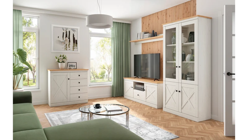 Frija Tall Display Cabinet — 2 Glazed Upper Doors, 2 Solid Lower Doors & Internal Shelves, Andersen Pine White & Artisan Oak
