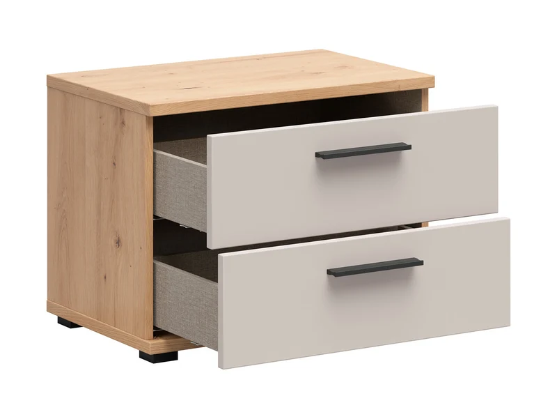 Sindara Bedside Cabinet 60cm — 2 Drawers & Flat Top, Artisan Oak & Uni Kashmir