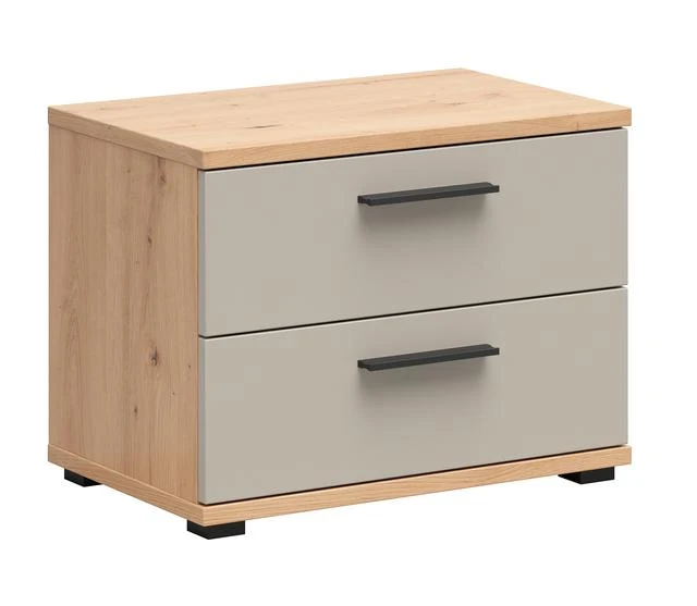 Sindara Bedside Cabinet 60cm — 2 Drawers & Flat Top, Artisan Oak & Uni Kashmir