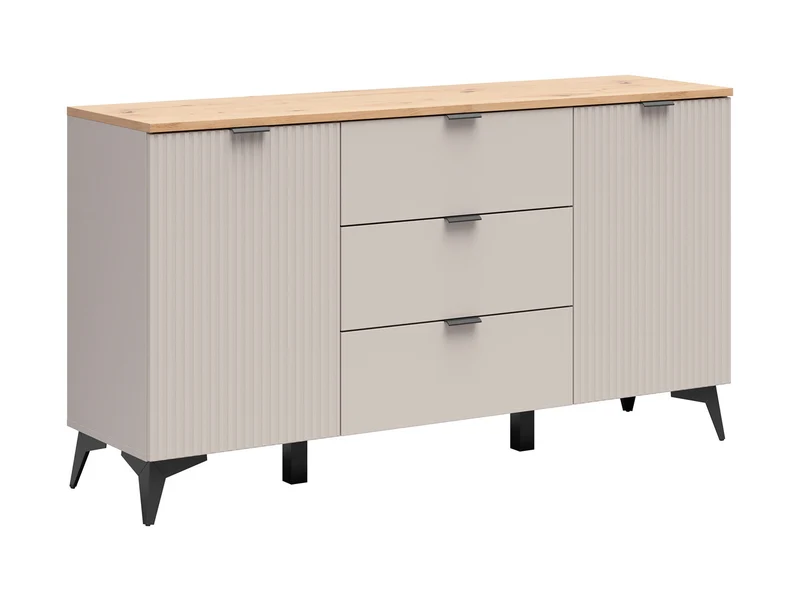 Velton Chest of Drawers 150cm — Ribbed Fronts, 3 Drawers, 2 Cabinets & Tall Legs, Uni Kashmir & Artisan Oak