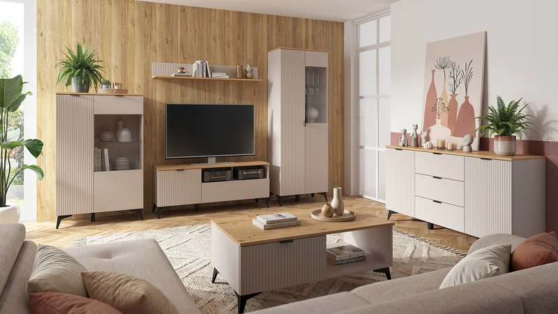 Velton Chest of Drawers 150cm — Ribbed Fronts, 3 Drawers, 2 Cabinets & Tall Legs, Uni Kashmir & Artisan Oak