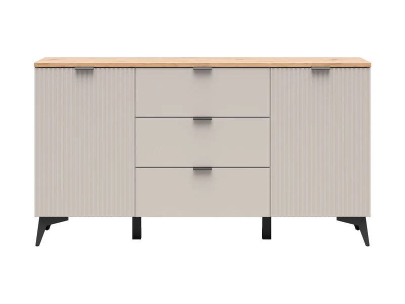 Velton Chest of Drawers 150cm — Ribbed Fronts, 3 Drawers, 2 Cabinets & Tall Legs, Uni Kashmir & Artisan Oak