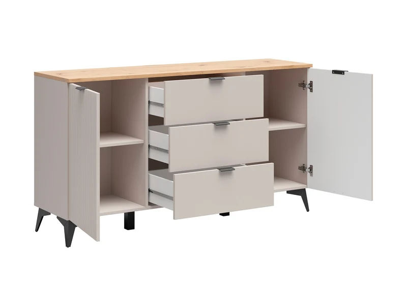 Velton Chest of Drawers 150cm — Ribbed Fronts, 3 Drawers, 2 Cabinets & Tall Legs, Uni Kashmir & Artisan Oak