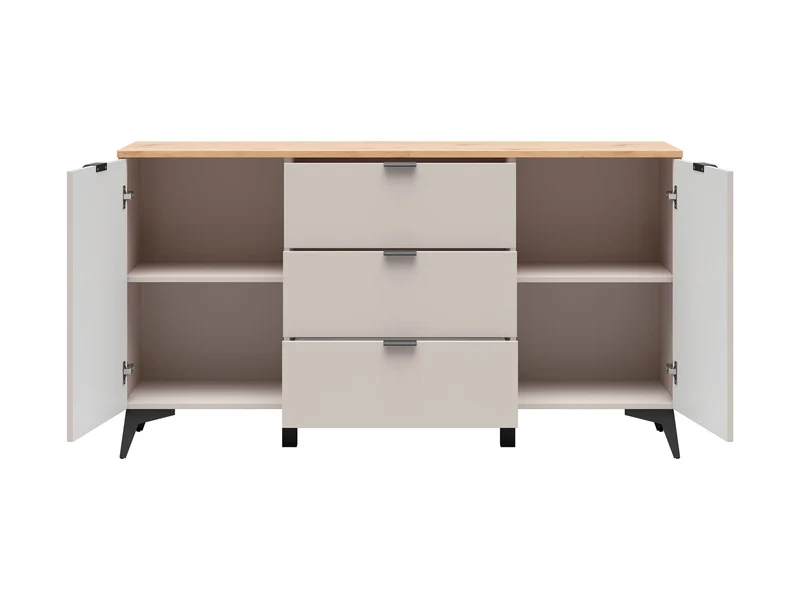 Velton Chest of Drawers 150cm — Ribbed Fronts, 3 Drawers, 2 Cabinets & Tall Legs, Uni Kashmir & Artisan Oak