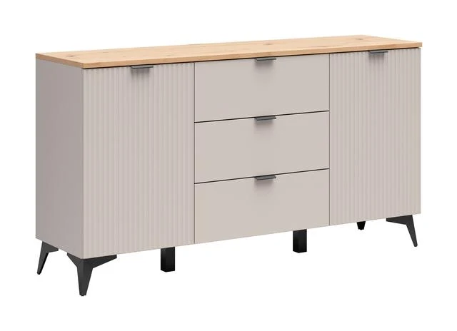 Velton Chest of Drawers 150cm — Ribbed Fronts, 3 Drawers, 2 Cabinets & Tall Legs, Uni Kashmir & Artisan Oak