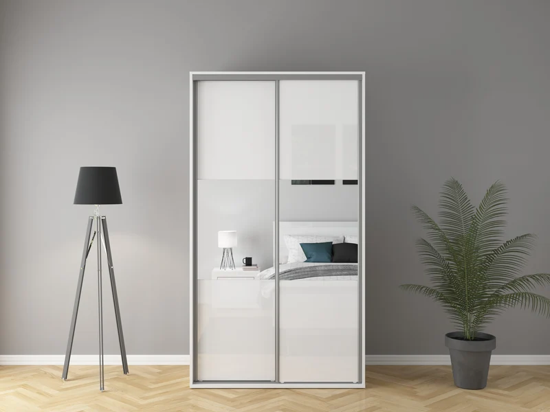 Flex Sliding Door Wardrobe 120cm | White Gloss & Mirror Panels | 2 Drawers, Hanging Rail | 120x218x66cm