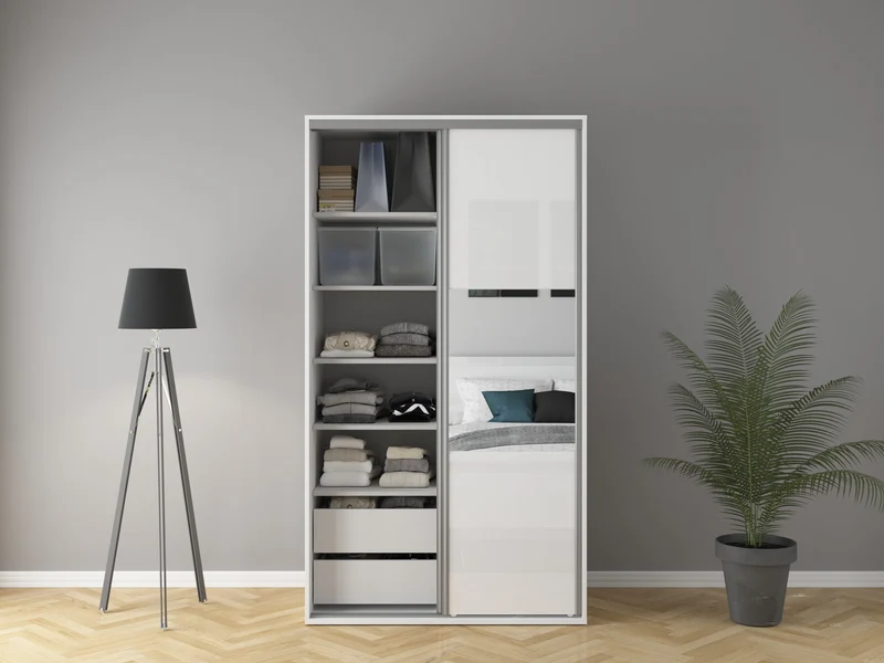 Flex Sliding Door Wardrobe 120cm | White Gloss & Mirror Panels | 2 Drawers, Hanging Rail | 120x218x66cm