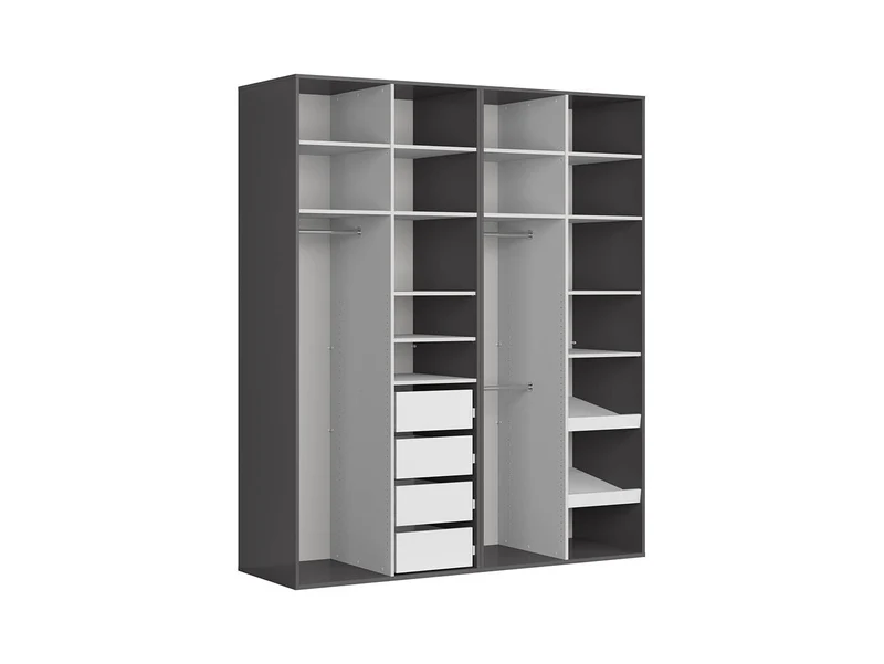 Flex Wardrobe 200 – 2-Unit Set with 4 Doors, 3 Rails, Shoe Shelves & Soft-Close Drawers | Graphite | 200×240 cm