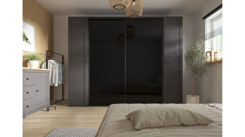 Flex Wardrobe 250 – 3-Unit Set with Sliding & Hinged Doors, 6 Drawers & 3 Rails | Graphite / Black Gloss | 250×240 cm