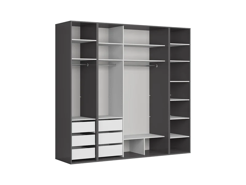 Flex Wardrobe 250 – 3-Unit Set with Sliding & Hinged Doors, 6 Drawers & 3 Rails | Graphite / Black Gloss | 250×240 cm