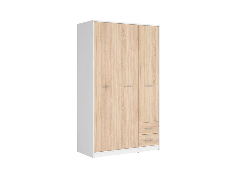 Nepo Plus Wardrobe 118.5 – 3-Door with 2 Drawers, Rails & Shelves | White / Sonoma Oak | 118.5×197 cm