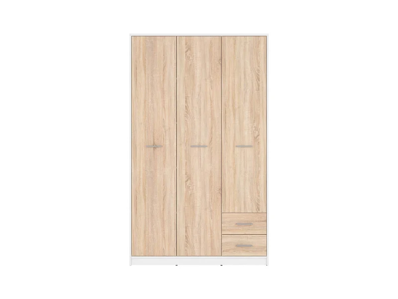 Nepo Plus Wardrobe 118.5 – 3-Door with 2 Drawers, Rails & Shelves | White / Sonoma Oak | 118.5×197 cm