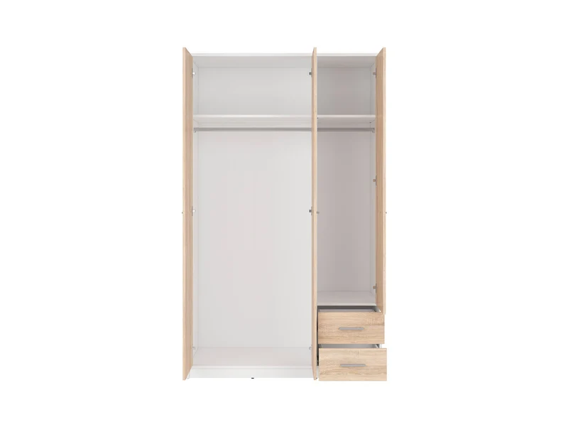 Nepo Plus Wardrobe 118.5 – 3-Door with 2 Drawers, Rails & Shelves | White / Sonoma Oak | 118.5×197 cm