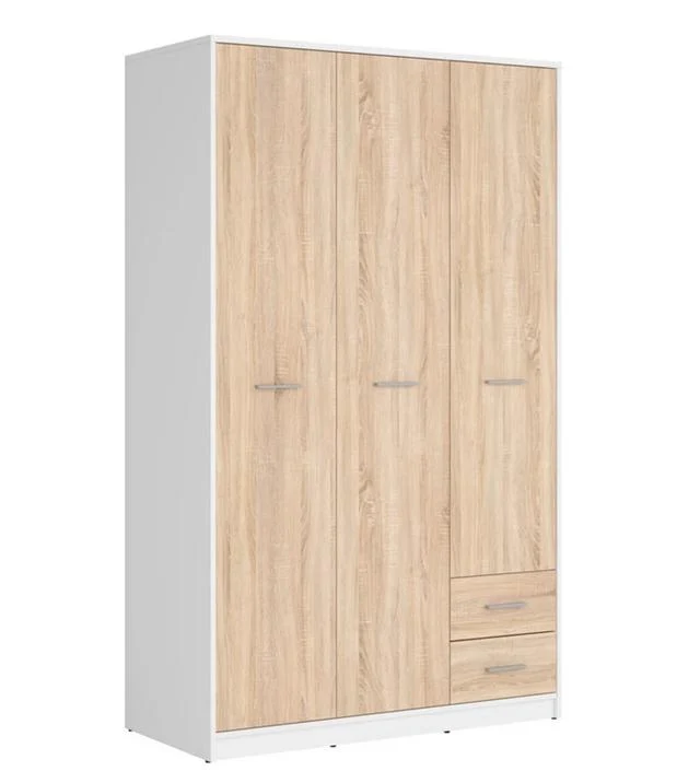Nepo Plus Wardrobe 118.5 – 3-Door with 2 Drawers, Rails & Shelves | White / Sonoma Oak | 118.5×197 cm