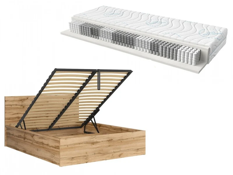 Tetrix Bed 160×200 + Merida Pocket Spring Mattress Set – Wotan Oak