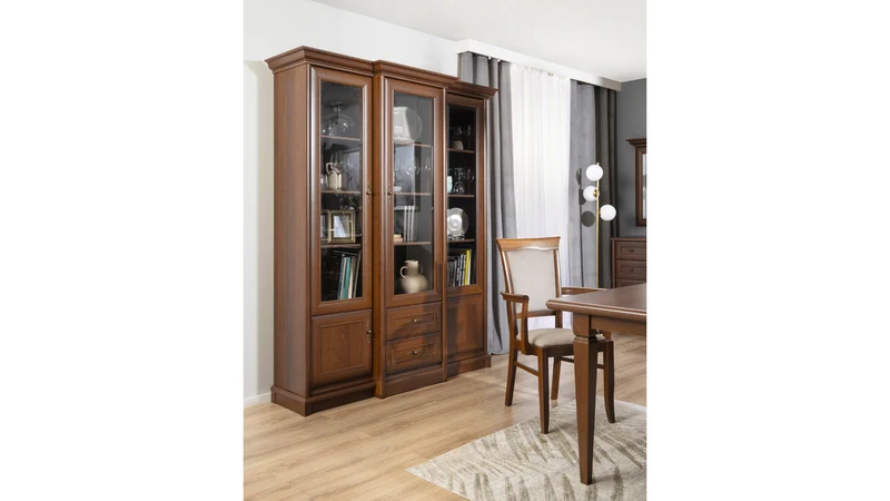 Kent Display Cabinet 167x204 cm – Chestnut, Glass Doors, 14 Shelves, 2 Drawers, Classic