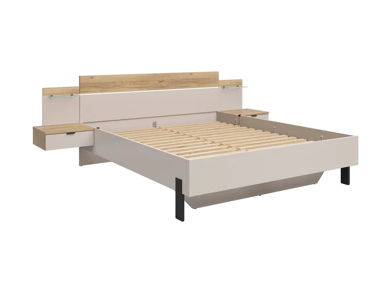 Tabina Bed 180x200 cm with 2 Integrated Bedside Tables & LED Strip – Mauvella Oak & Kashmir