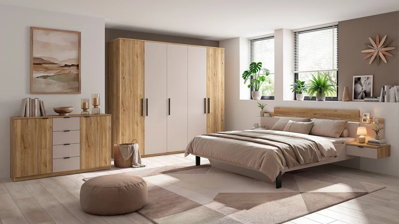 Tabina Bed 180x200 cm with 2 Integrated Bedside Tables & LED Strip – Mauvella Oak & Kashmir