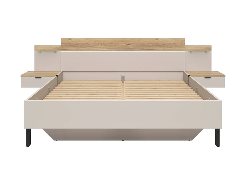 Tabina Bed 180x200 cm with 2 Integrated Bedside Tables & LED Strip – Mauvella Oak & Kashmir