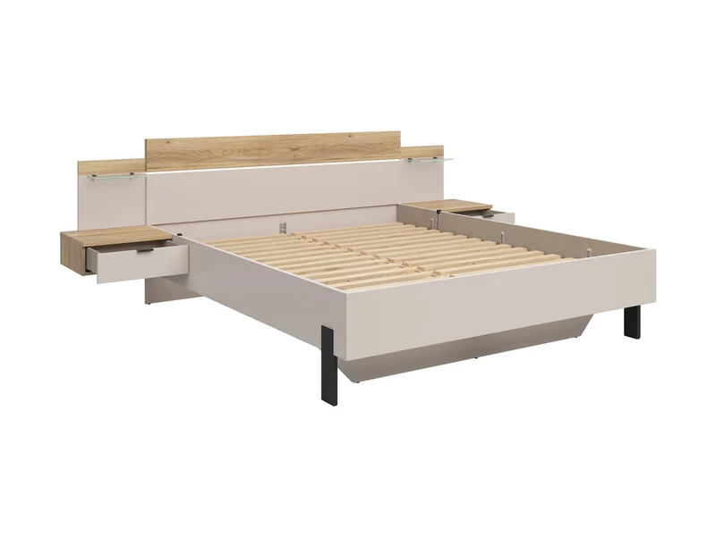 Tabina Bed 180x200 cm with 2 Integrated Bedside Tables & LED Strip – Mauvella Oak & Kashmir