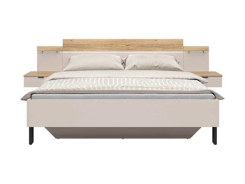 Tabina Bed 180x200 cm with 2 Integrated Bedside Tables & LED Strip – Mauvella Oak & Kashmir