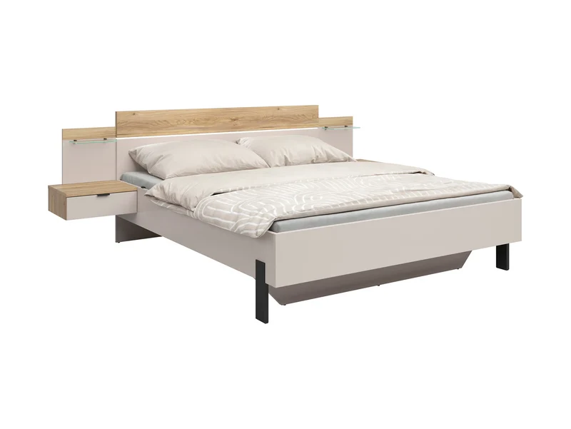 Tabina Bed 180x200 cm with 2 Integrated Bedside Tables & LED Strip – Mauvella Oak & Kashmir