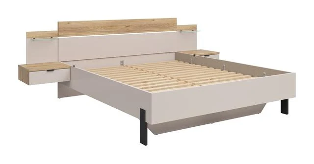 Tabina Bed 180x200 cm with 2 Integrated Bedside Tables & LED Strip – Mauvella Oak & Kashmir