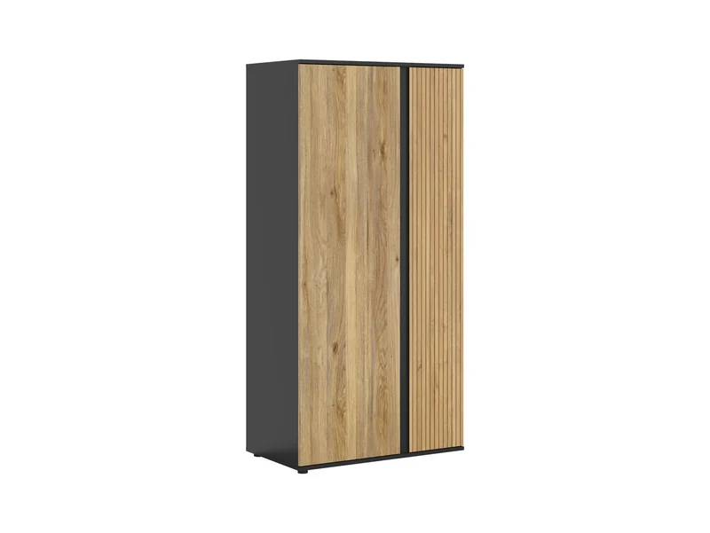 Luen 2-Door Wardrobe 95 cm – Black / Mauvella Oak | Printed Lamel Door, Shelves & Hanging Rail