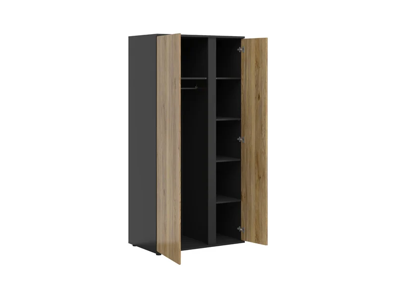 Luen 2-Door Wardrobe 95 cm – Black / Mauvella Oak | Printed Lamel Door, Shelves & Hanging Rail
