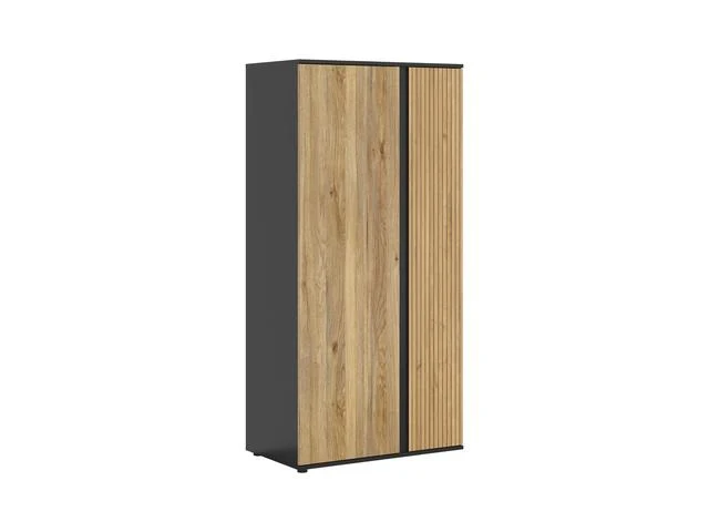 Luen 2-Door Wardrobe 95 cm – Black / Mauvella Oak | Printed Lamel Door, Shelves & Hanging Rail